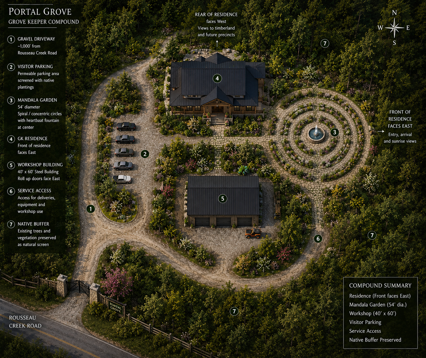 Illustrated Grove Keeper compound layout showing the residence, mandala garden and fountain, workshop, visitor parking, service access and surrounding native vegetation.