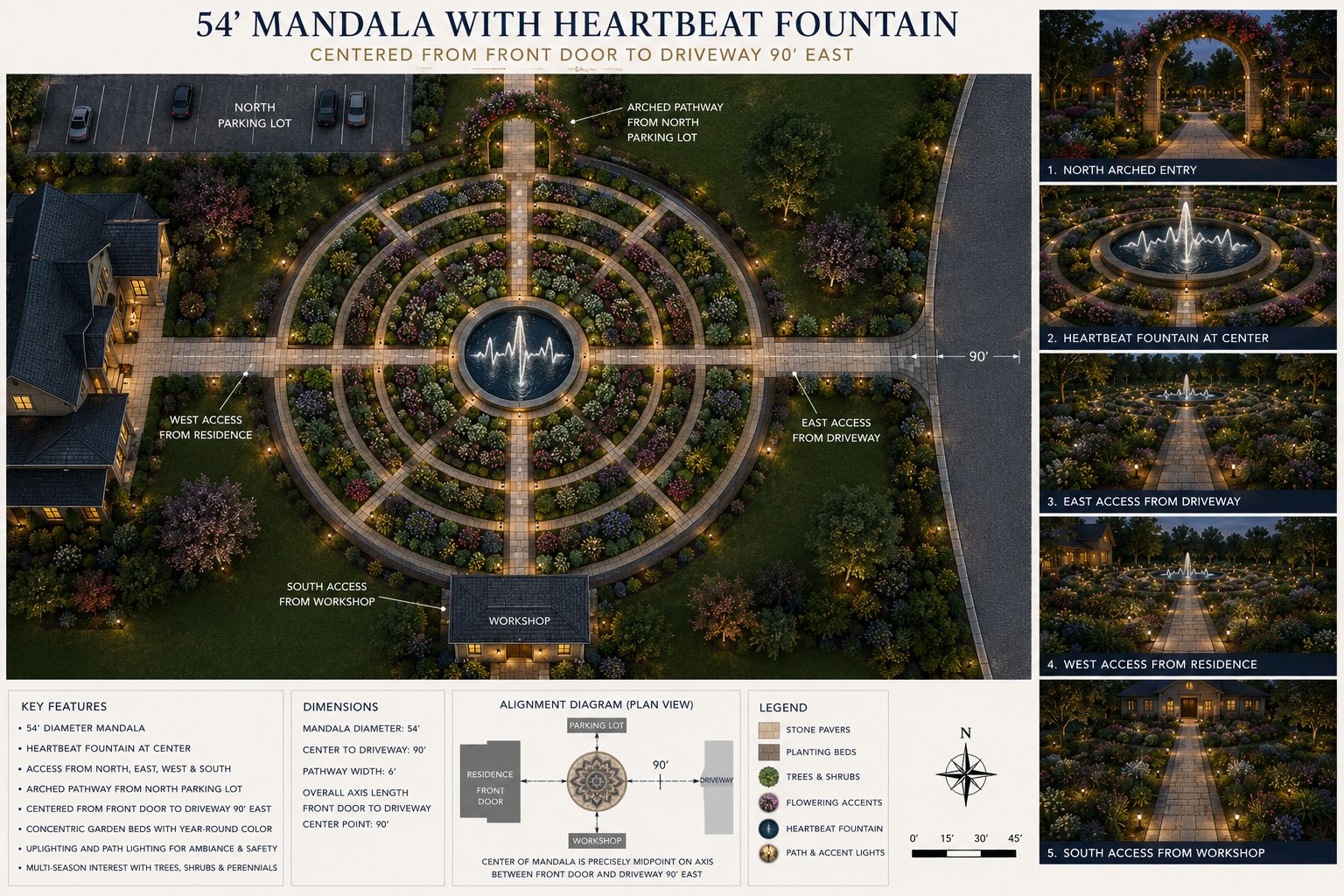Concept illustration of a circular mandala garden with concentric planting beds, four approach paths and a central heartbeat fountain, with five accompanying perspective views.